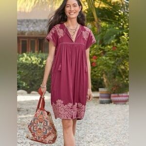 Sundance Embroidered Babydoll Dress Burgundy Pink Size PS Boho Vacation Resort